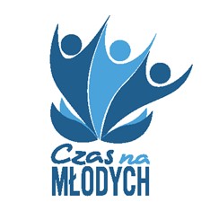 Logo przedstawia trzy osoby z uniesionymi rękami, pod nimi widnieje napis czas na młodych