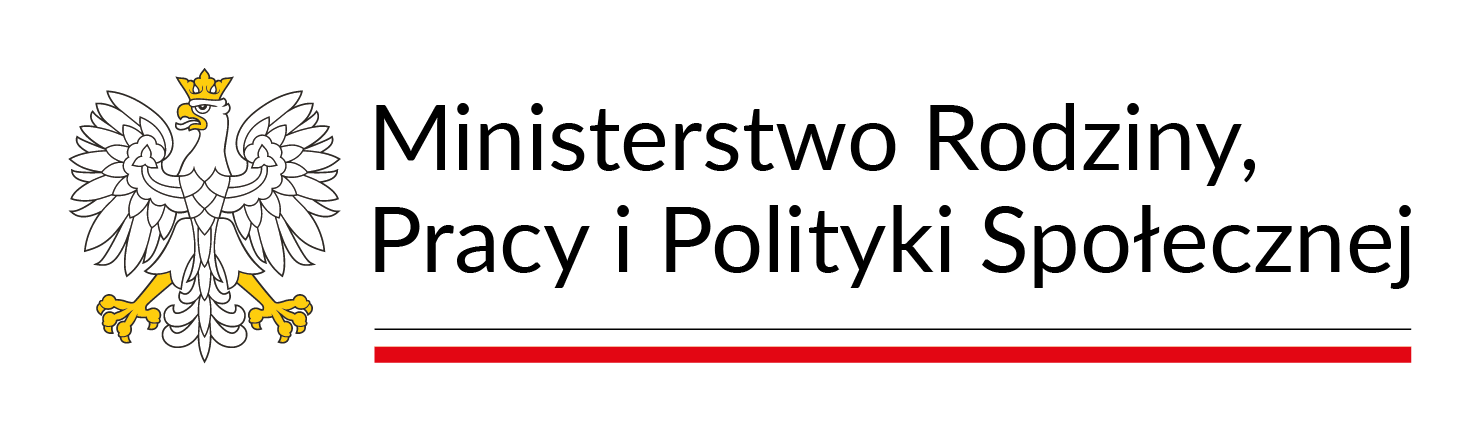 Logo przedstawia po lewej stronie białego orzełka z ze złotymi nożkami i w złotej koronie, obok orzełka po prawej stronie widnieje napis Ministerstwo Rodziny, Pracy i Polityki Społecznej, a pod nim wstęga białoczerwona