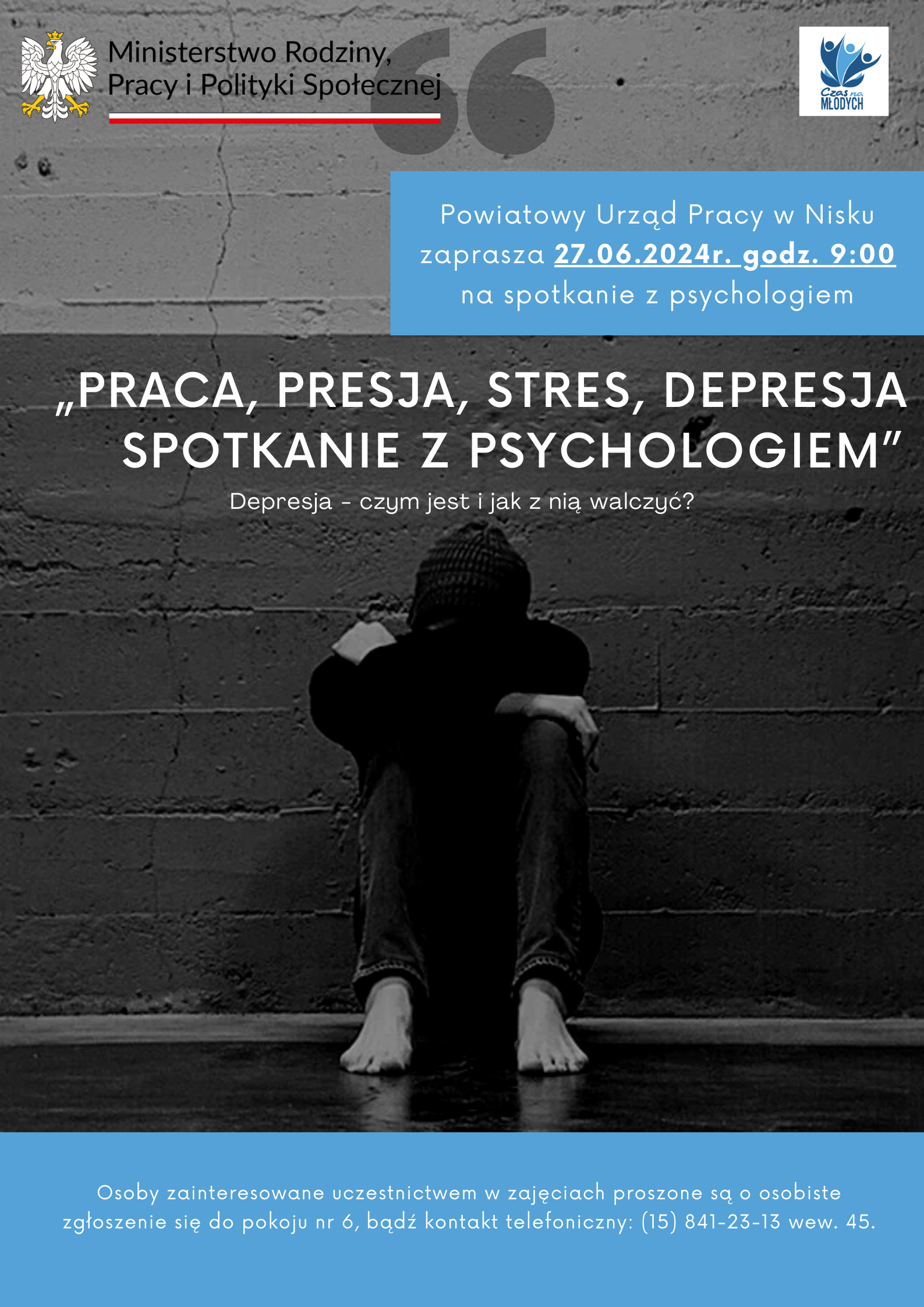 Plakat „Praca, presja, stres, depresja – spotkanie z psychologiem”